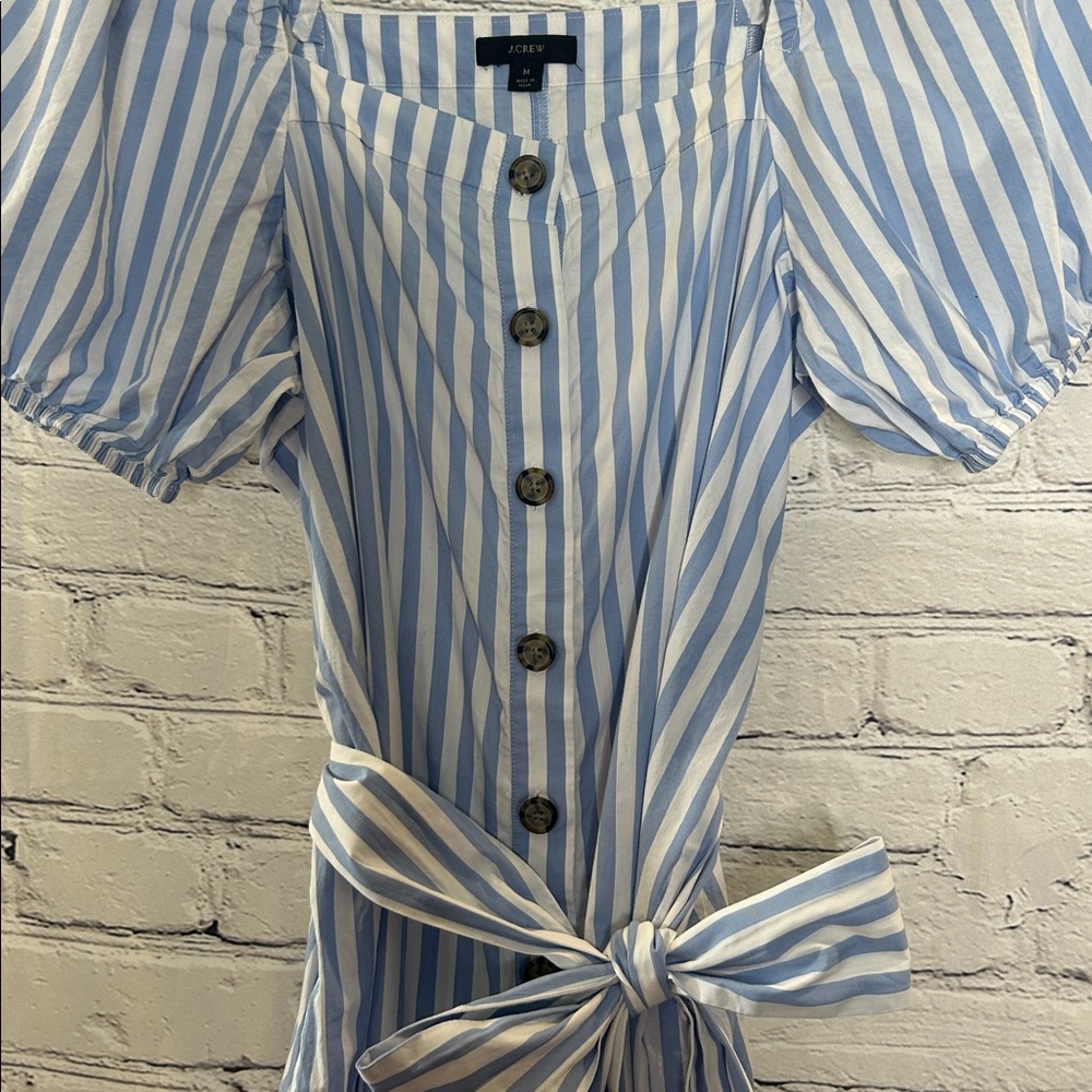 J.Crew Blue & White Striped Button-Front Midi Dress with Puff Sleeves Medium - Picture 6 of 11